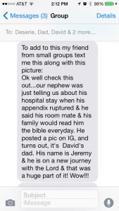 My son David's text reply to the facebook post